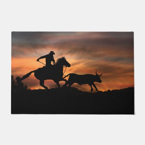 Country Western Cowboy Roping Steer Doormat