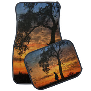 Country Western Cowboy Roping Steer Sunset Car Floor Mat