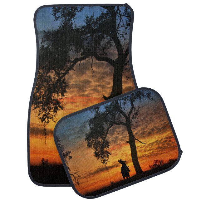 Country  Western Cowboy Roping Steer Sunset Car Floor Mat (Set)