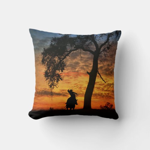 Country Western Cowboy Roping with Horse Throw Pillow