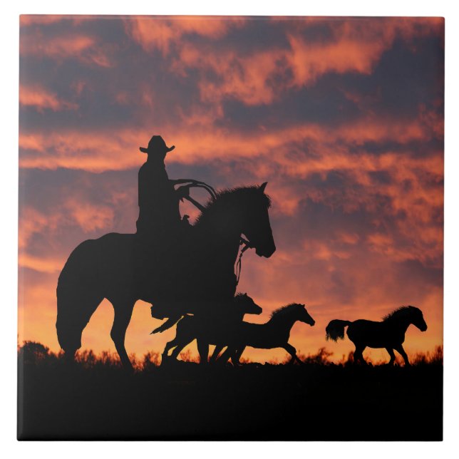 Country Western Cowboy Roundup Herd of Horses Ceramic Tile (Front)