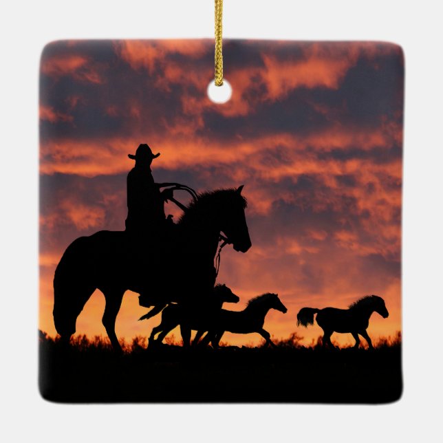 Country Western Cowboy Roundup Wild Horses Ceramic Ornament (Back)
