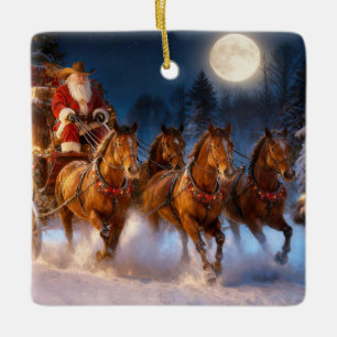 Country Western Cowboy Santa Christmas Stagecoach Ceramic Ornament