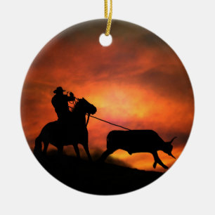 Country Western Cowboy Steer Roping Ceramic Ornament
