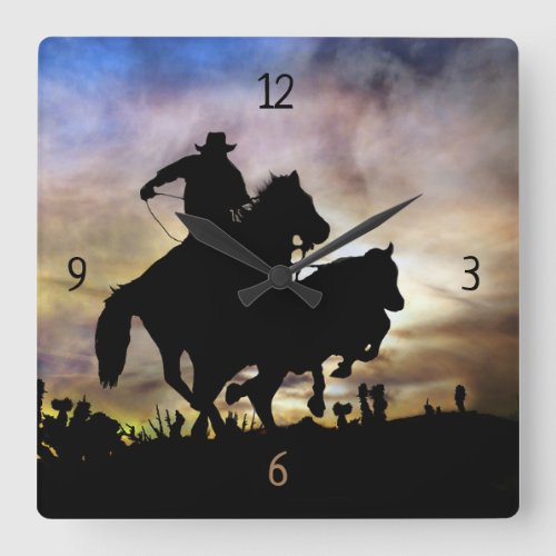 Country Western Cowboy Steer Roping Square Wall Clock