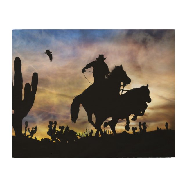 Country Western Cowboy Steer Roping Wood Wall Art (Front)