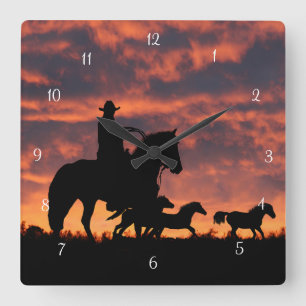 Country Western Cowboy Wild Horses Square Wall Clock