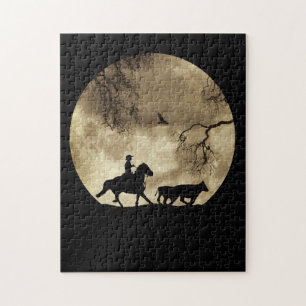 Country Western Cowboy with Full Moon and Cattle Jigsaw Puzzle