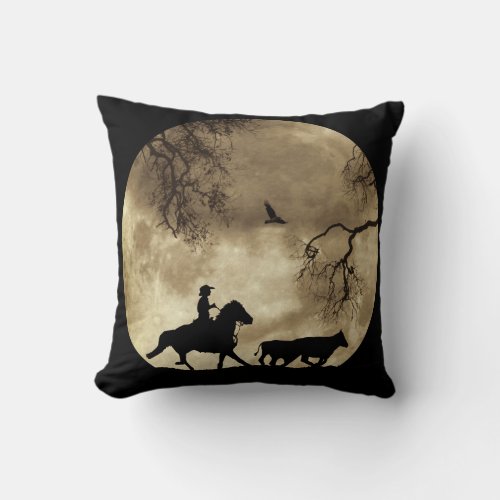 Country Western Cowboy with Horse and Moon Throw Pillow
