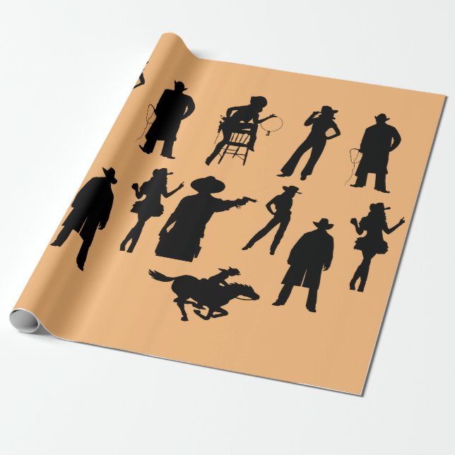 Country western cowboys cowgirls rodeo silhouettes wrapping paper (Unrolled)