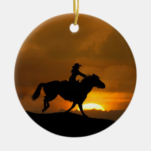 Country Western Cowgirl and Horse Ceramic Ornament