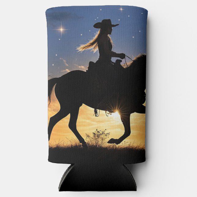 Country Western Cowgirl and Horse  Seltzer Can Cooler (Front)