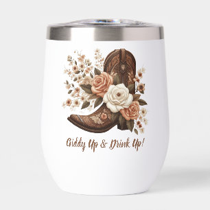 Country Western Cowgirl Boot with Flowers Thermal Wine Tumbler