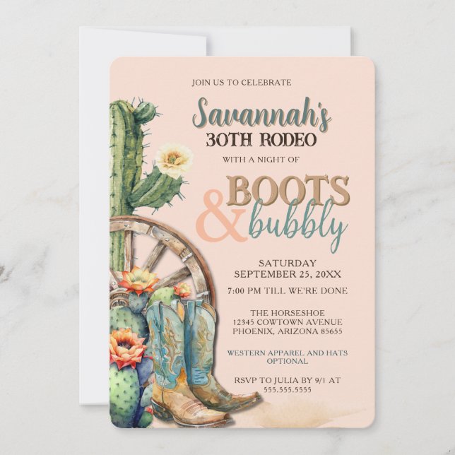 Country Western Cowgirl Boots 30th Rodeo Birthday Invitation (Front)