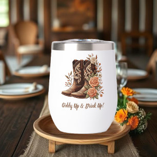 Country Western Cowgirl Boots with Flowers Thermal Wine Tumbler