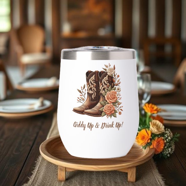 Country Western Cowgirl Boots with Flowers Thermal Wine Tumbler (Country Western-Flowers with Cowboy Boots-Wine or Cocktail tumblers)