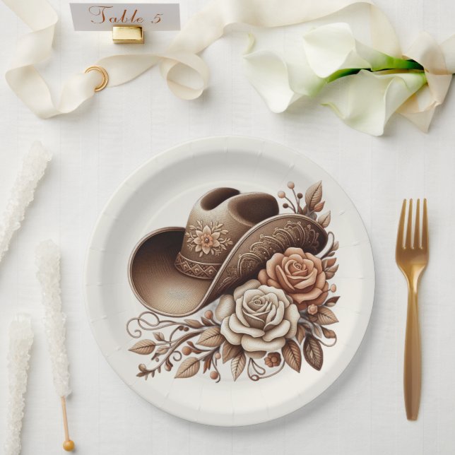 Country Western Cowgirl Hat with Flowers Paper Plates (Wedding)