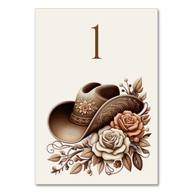 Country Western Cowgirl Hat with Flowers Table Number (Front)