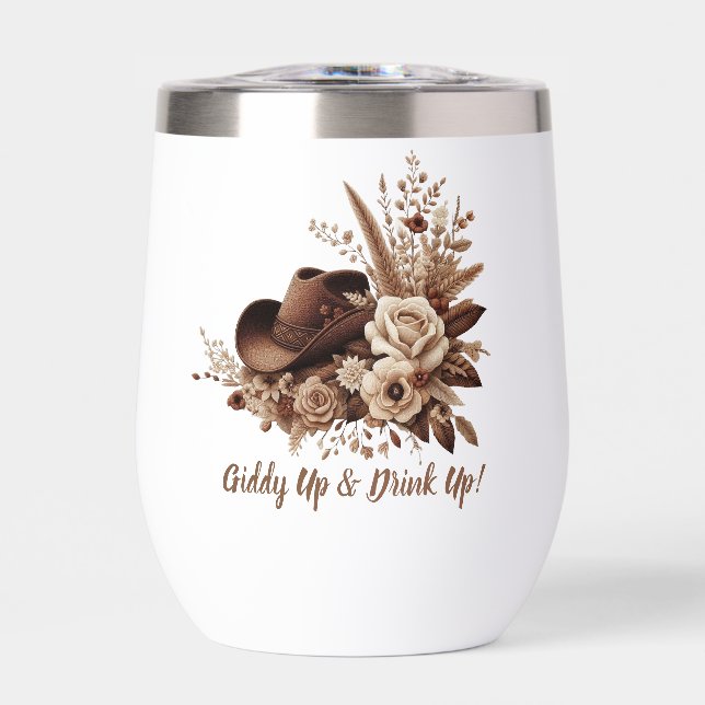 Country Western Cowgirl Hat with Flowers Thermal Wine Tumbler (Front)