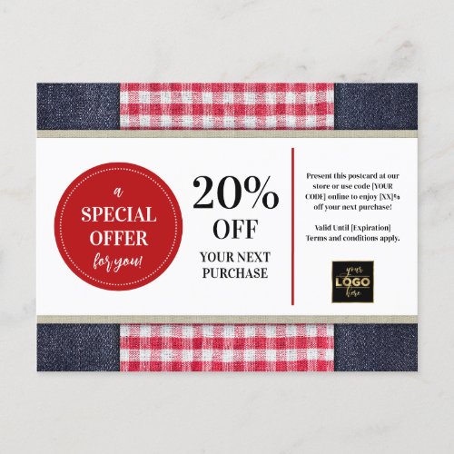 Country Western Denim Gingham Coupon Discount Postcard