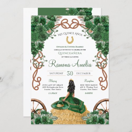Country Western Emerald Green Floral Quinceaera Invitation