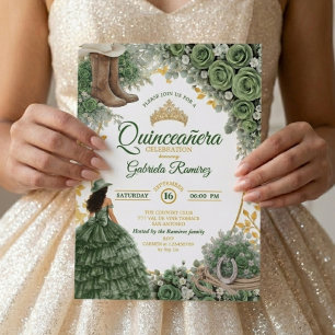 Country Western Emerald Green Roses Quinceañera Invitation