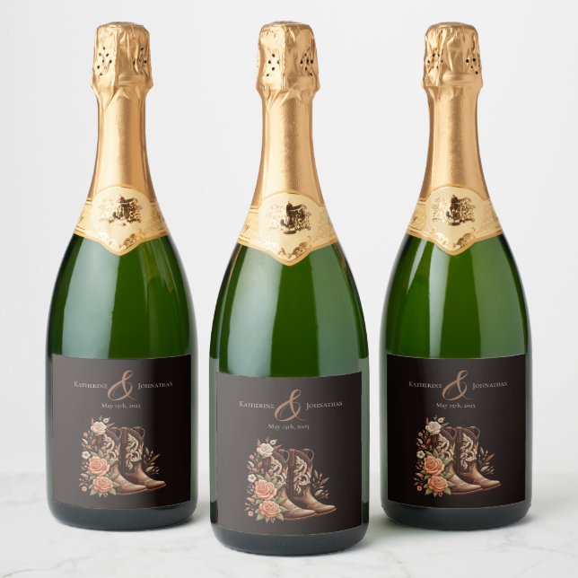 Country Western Flowers with Cowboy Boots Sparkling Wine Label (Bottles)