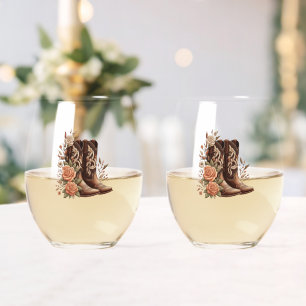 Country Western Flowers with Cowboy Boots Stemless Wine Glass