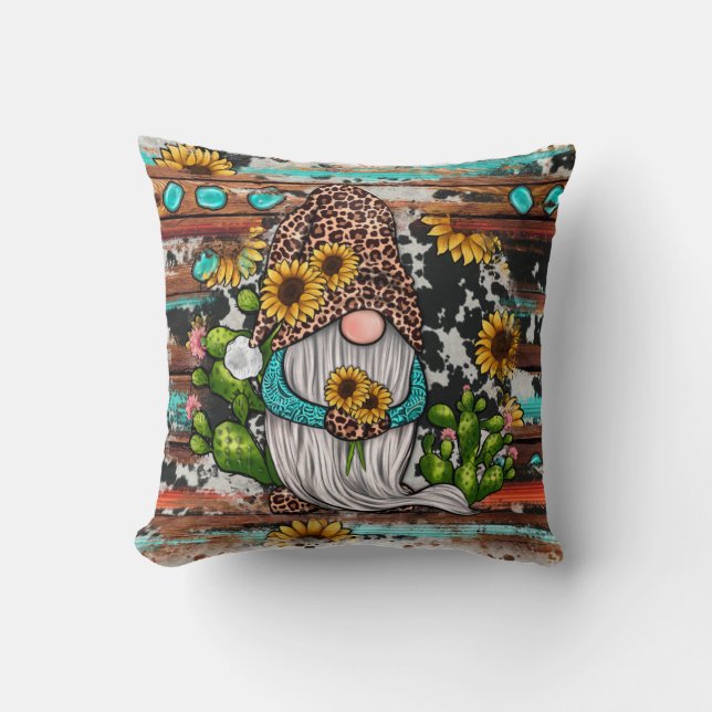 Country Western Gnome Sunflower Turquoise Stone Th Throw Pillow (Front)