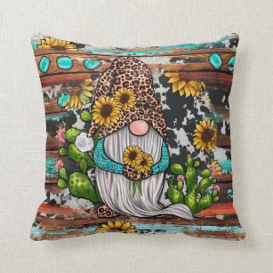 Country Western Gnome Sunflower Turquoise Stone Th Throw Pillow