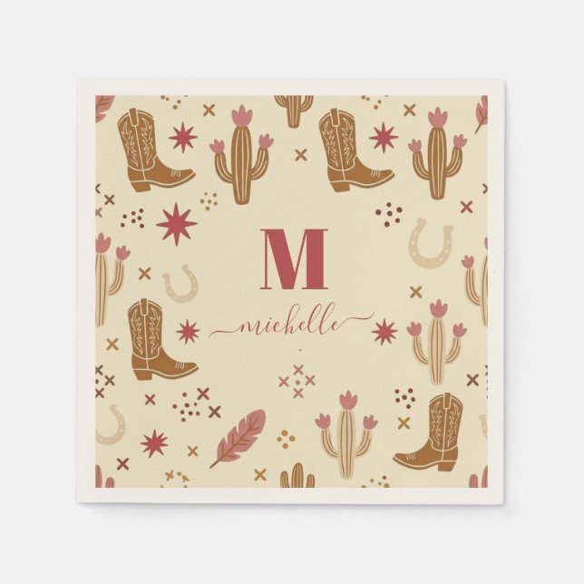 Country Western Hand-Drawn Pattern Monogram Script Napkins (Front)