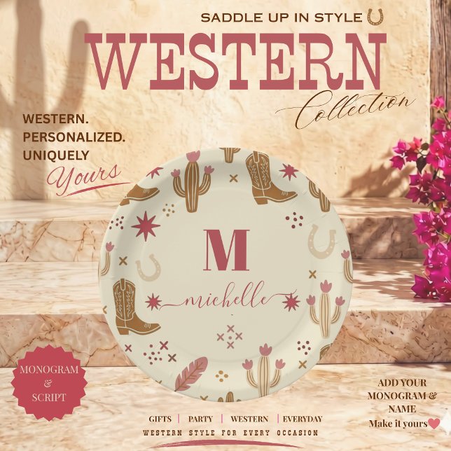 Country Western Hand-Drawn Pattern Monogram Script Paper Plates (Country Western Pattern Boots Horse Shoes Cactus and Feathers Monogram Script )