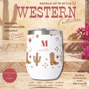 Country Western Hand-Drawn Pattern Monogram Script Thermal Wine Tumbler