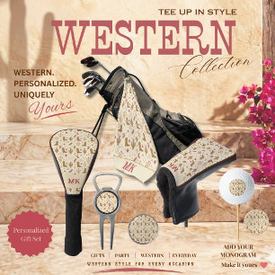 Country Western Hand-Drawn Pattern with Monogram Golf Head Cover
