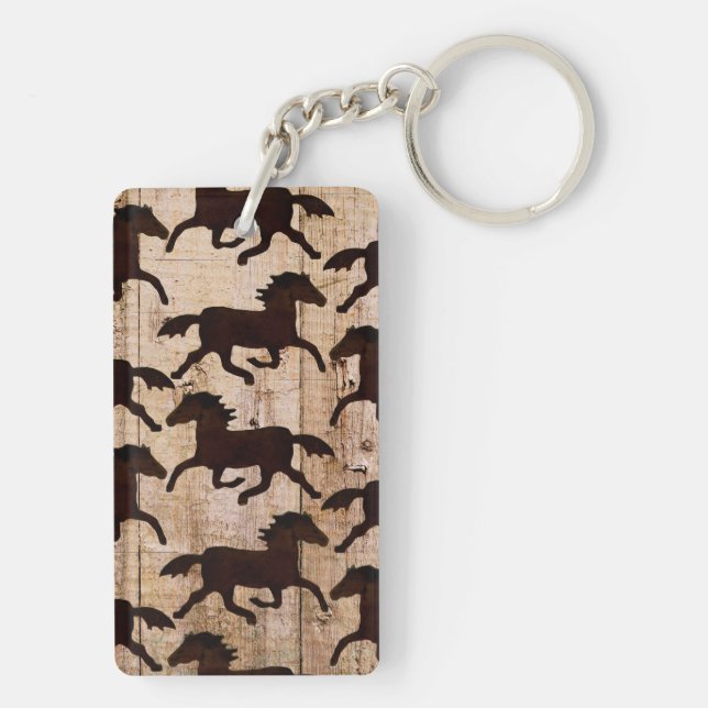 Country Western Horses on Barn Wood Cowboy Gifts Keychain (Back)