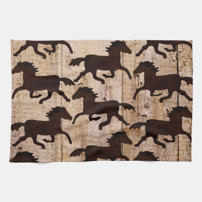 Country Western Horses on Barn Wood Cowboy Gifts Kitchen Towel (Horizontal)