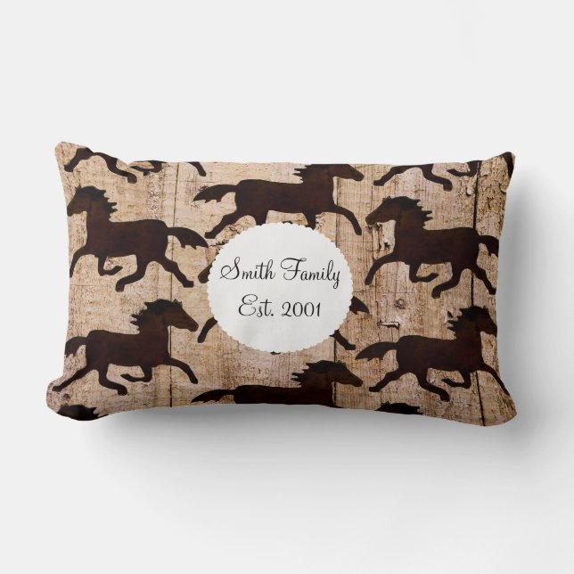Country Western Horses on Barn Wood Cowboy Gifts Lumbar Pillow (Front)
