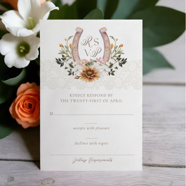 Country Western Horseshoe Watercolor Floral Crest RSVP Card