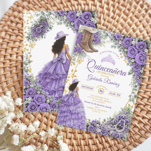 Country Western Lavender Roses Golden Quinceañera Invitation