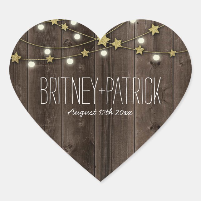 Country Western Lights & Barn Wood Wedding Favors Heart Sticker (Front)