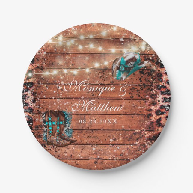 Country Western Lights Boots Hat Wedding Paper Plates (Front)