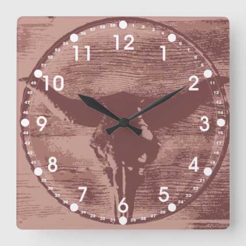 Country Western Longhorns Bull Skull Cowboy Gifts Square Wall Clock