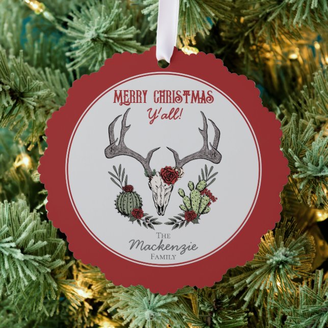 Country Western Merry Christmas Y'All Holiday Ornament Card (Insitu (Tree))