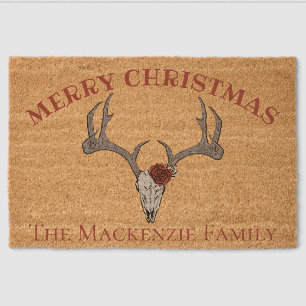 Country Western Merry Xmas Deer Skull Antlers Fiber Doormat