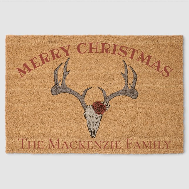 Country Western Merry Xmas Deer Skull Antlers Fiber Doormat (Front)
