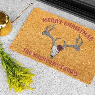 Country Western Merry Xmas Deer Skull Antlers Fiber Doormat