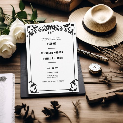 Country Western Minimal Black White Formal Wedding Invitation