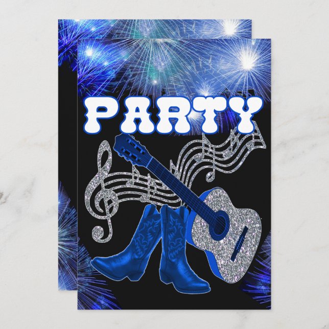 Country Western Music Blue Guitar And Cowboy Boots Invitation (Front/Back)