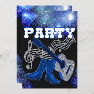 Country Western Music Blue Guitar And Cowboy Boots Invitation
