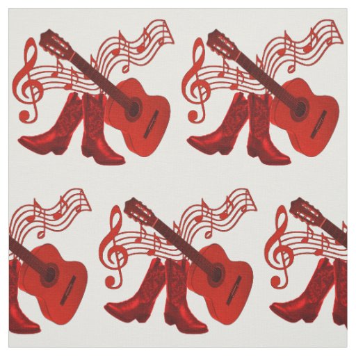 Country Western Music Red Guitar and Boots Fabric